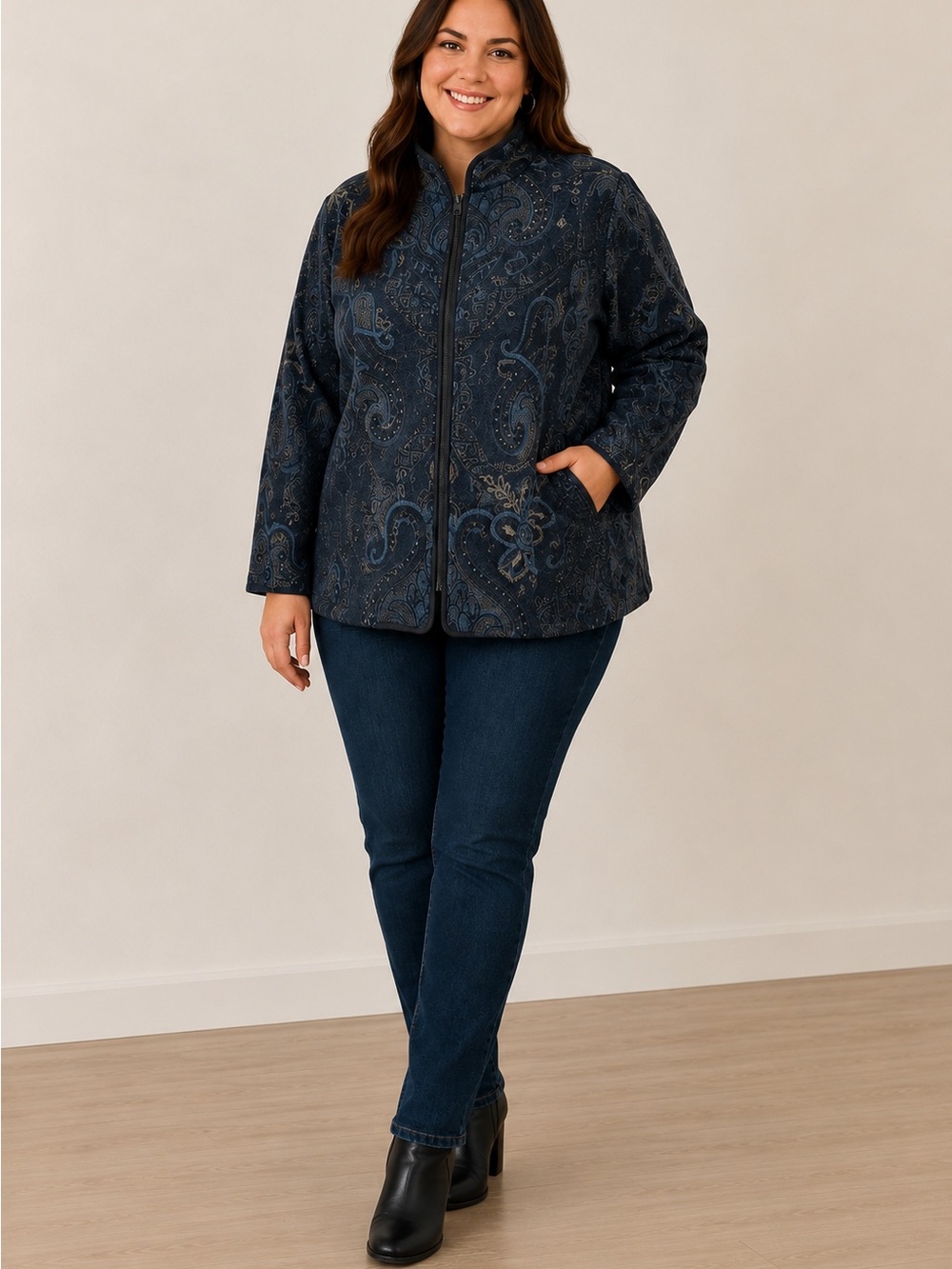 Coldwater Creek Navy Blue Paisley Embroidered Tapestry Jacket Large